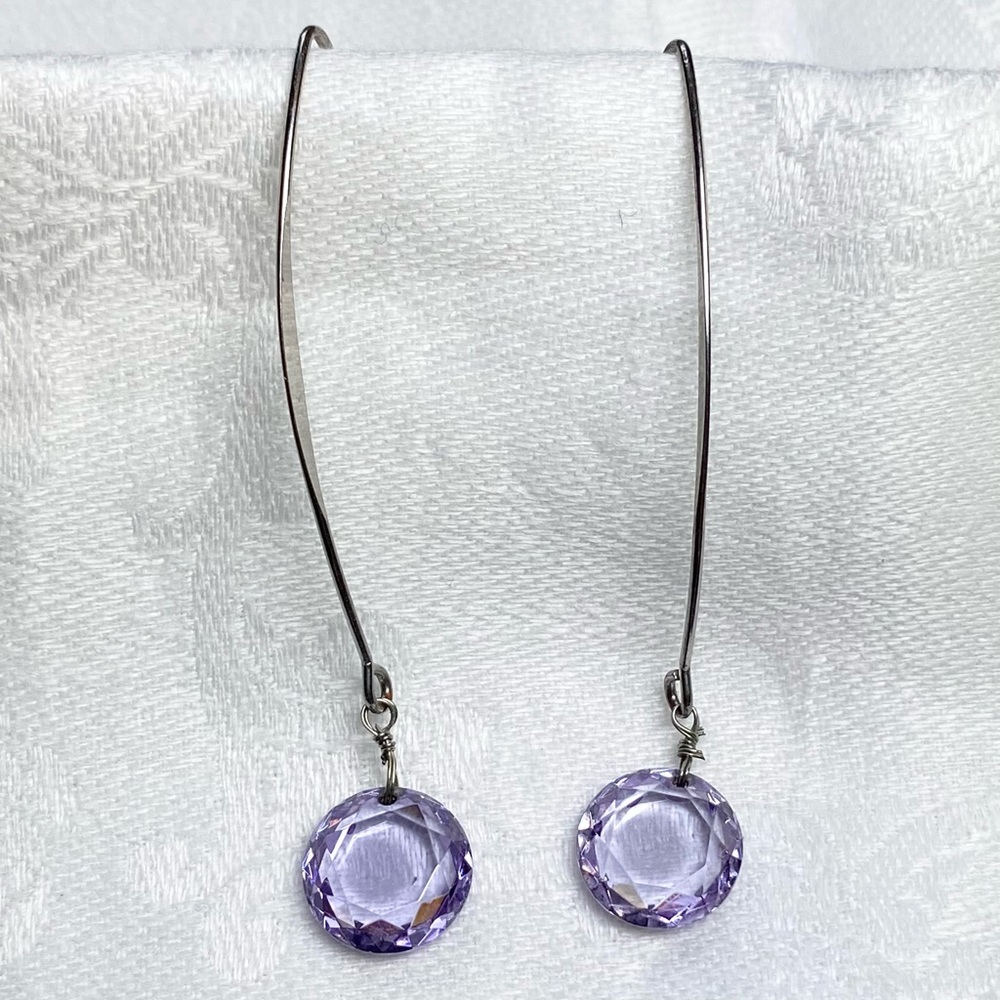 Purple Crystal Earrings Faceted Silver Tone Dangling Drop Comet